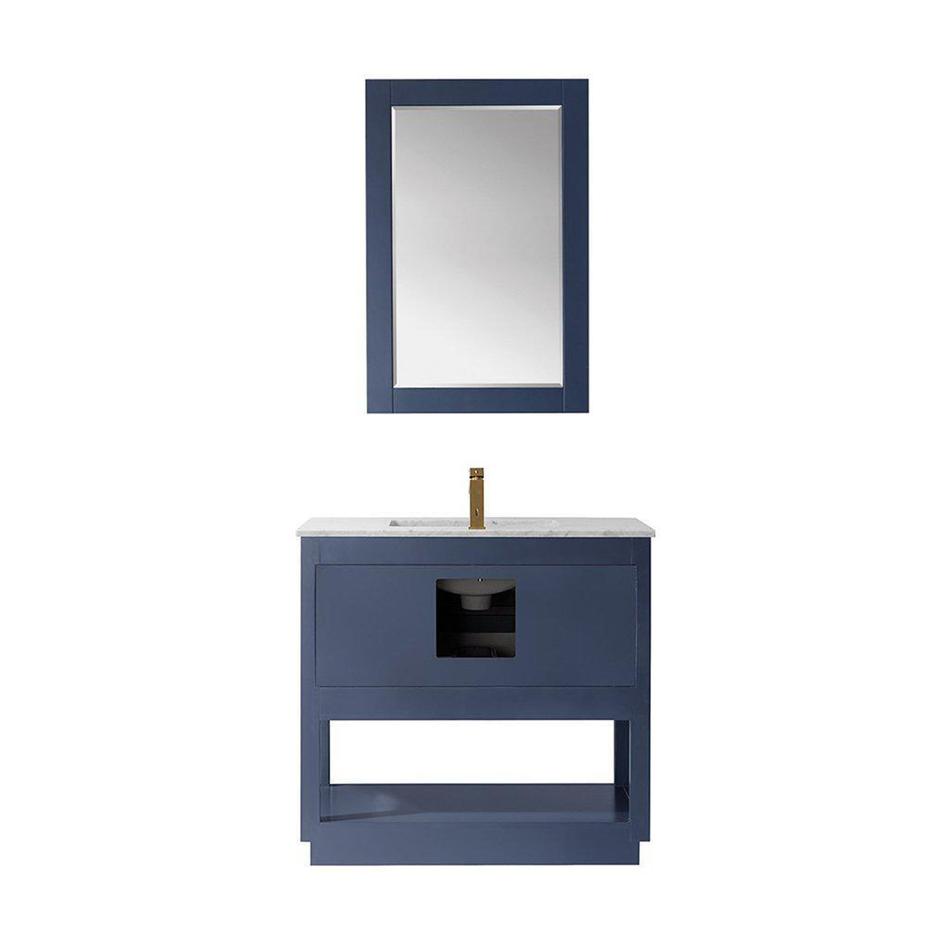 Altair Remi 36" Single Royal Blue Freestanding Bathroom Vanity Set With Mirror, Natural Carrara White Marble Top, Rectangular Undermount Ceramic Sink, and Overflow