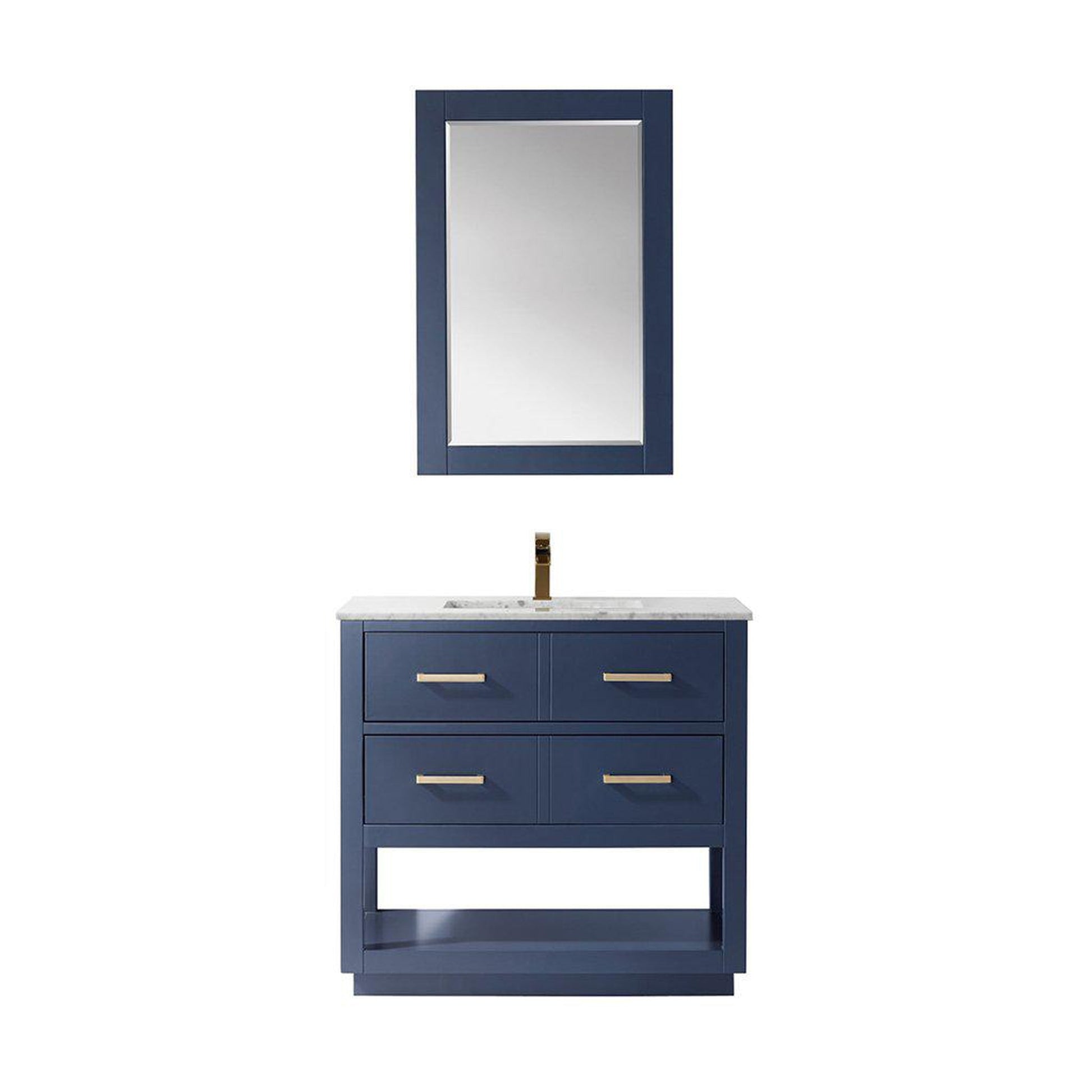 Altair Remi 36" Single Royal Blue Freestanding Bathroom Vanity Set With Mirror, Natural Carrara White Marble Top, Rectangular Undermount Ceramic Sink, and Overflow