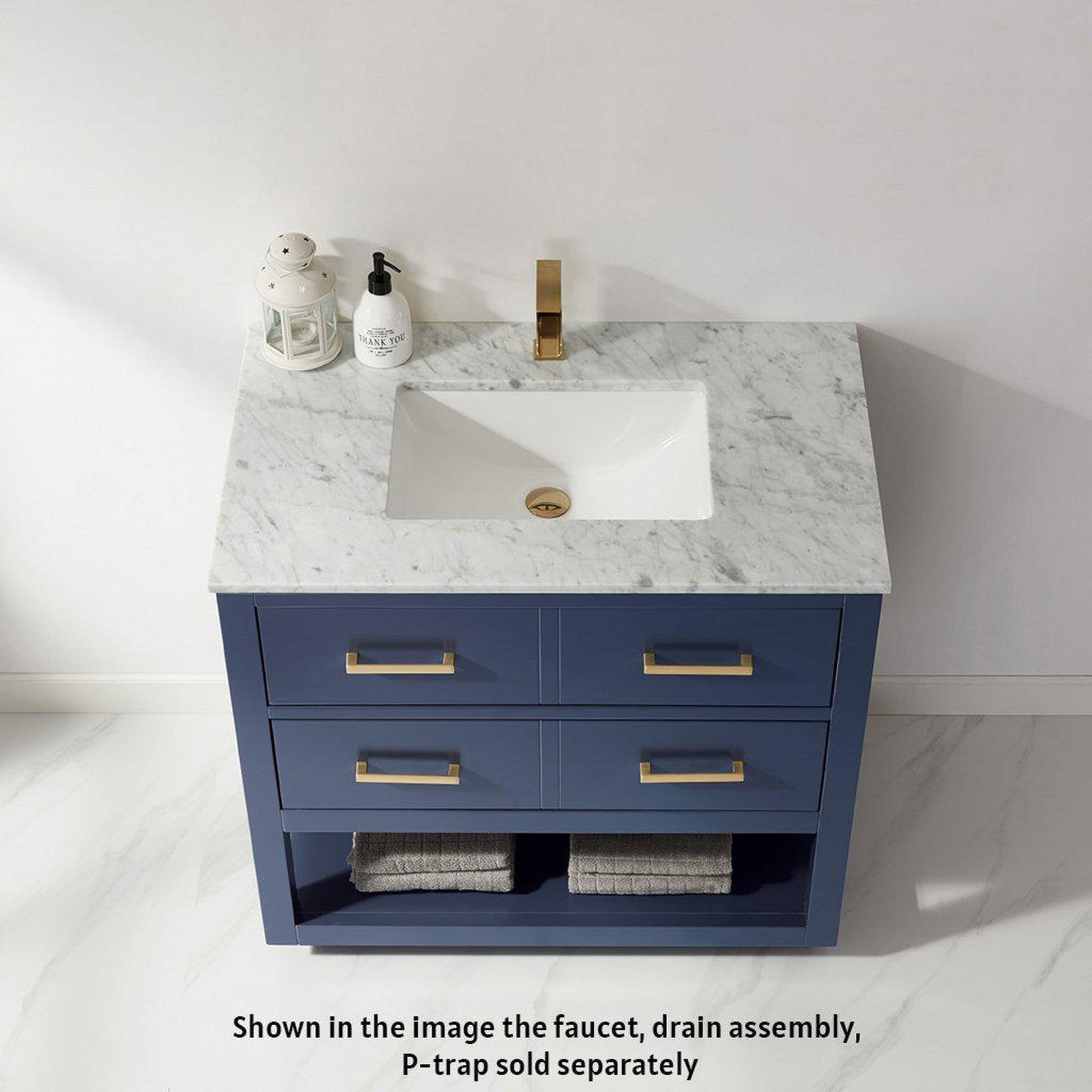 Altair Remi 36" Single Royal Blue Freestanding Bathroom Vanity Set With Natural Carrara White Marble Top, Rectangular Undermount Ceramic Sink, and Overflow