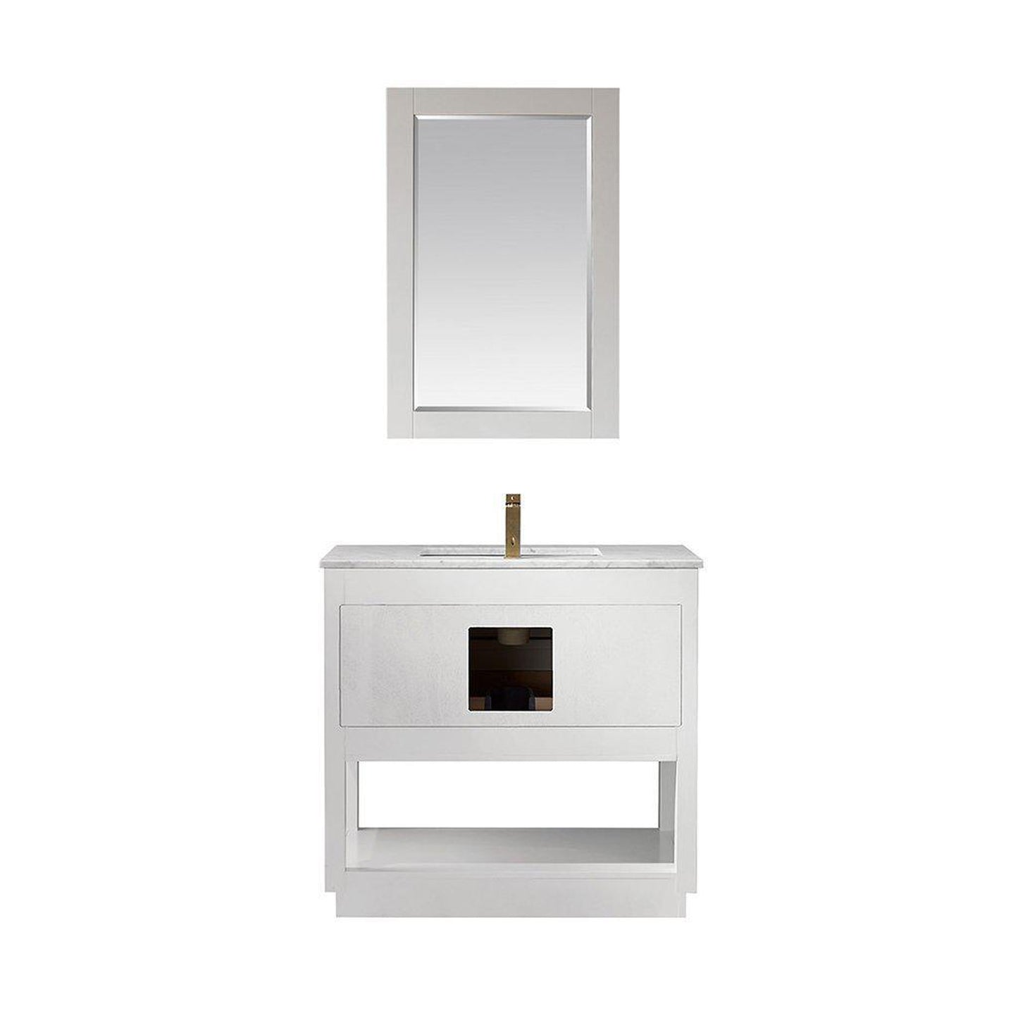 Altair Remi 36" Single White Freestanding Bathroom Vanity Set With Mirror, Natural Carrara White Marble Top, Rectangular Undermount Ceramic Sink, and Overflow