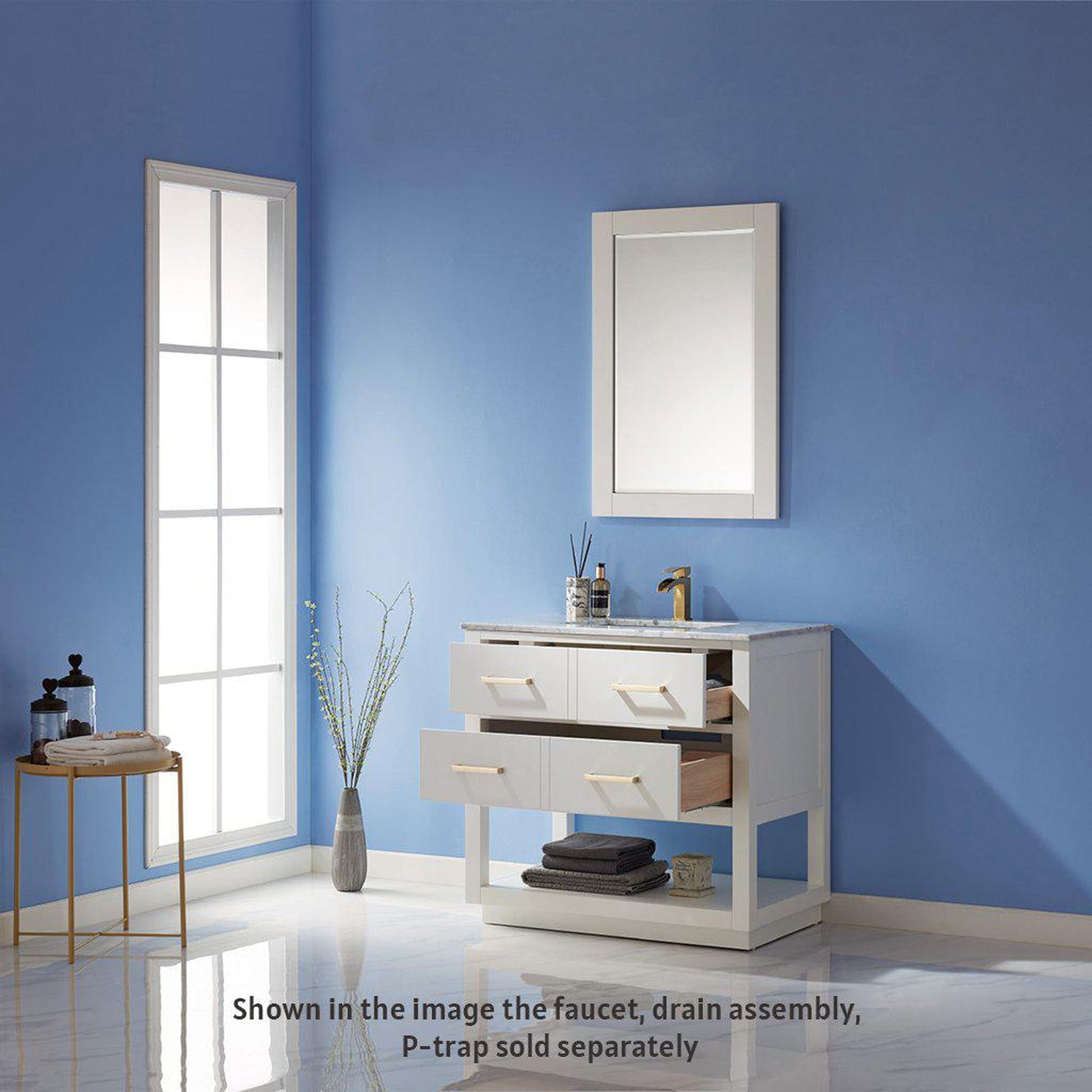 Altair Remi 36" Single White Freestanding Bathroom Vanity Set With Mirror, Natural Carrara White Marble Top, Rectangular Undermount Ceramic Sink, and Overflow