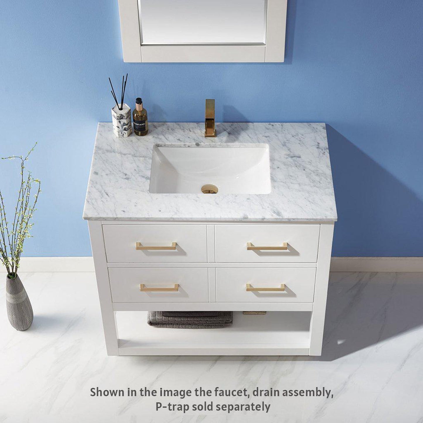 Altair Remi 36" Single White Freestanding Bathroom Vanity Set With Mirror, Natural Carrara White Marble Top, Rectangular Undermount Ceramic Sink, and Overflow