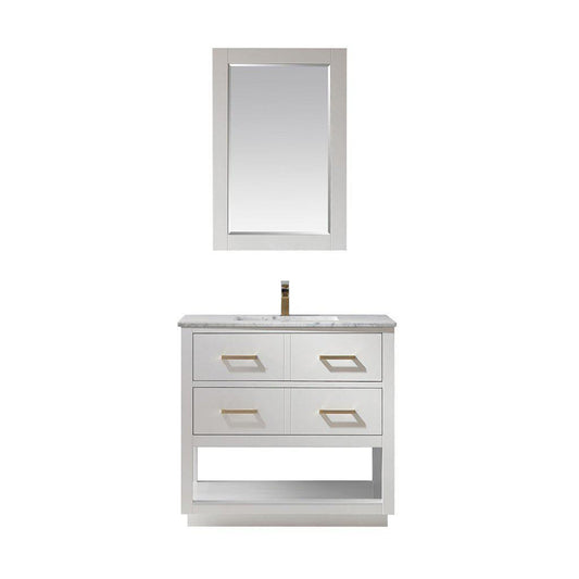 Altair Remi 36" Single White Freestanding Bathroom Vanity Set With Mirror, Natural Carrara White Marble Top, Rectangular Undermount Ceramic Sink, and Overflow