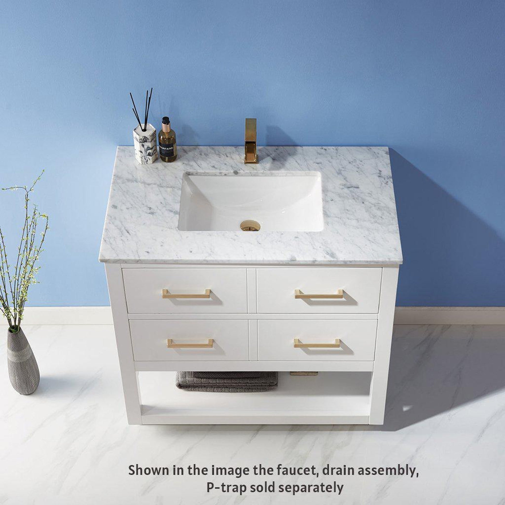 Altair Remi 36" Single White Freestanding Bathroom Vanity Set With Natural Carrara White Marble Top, Rectangular Undermount Ceramic Sink, and Overflow