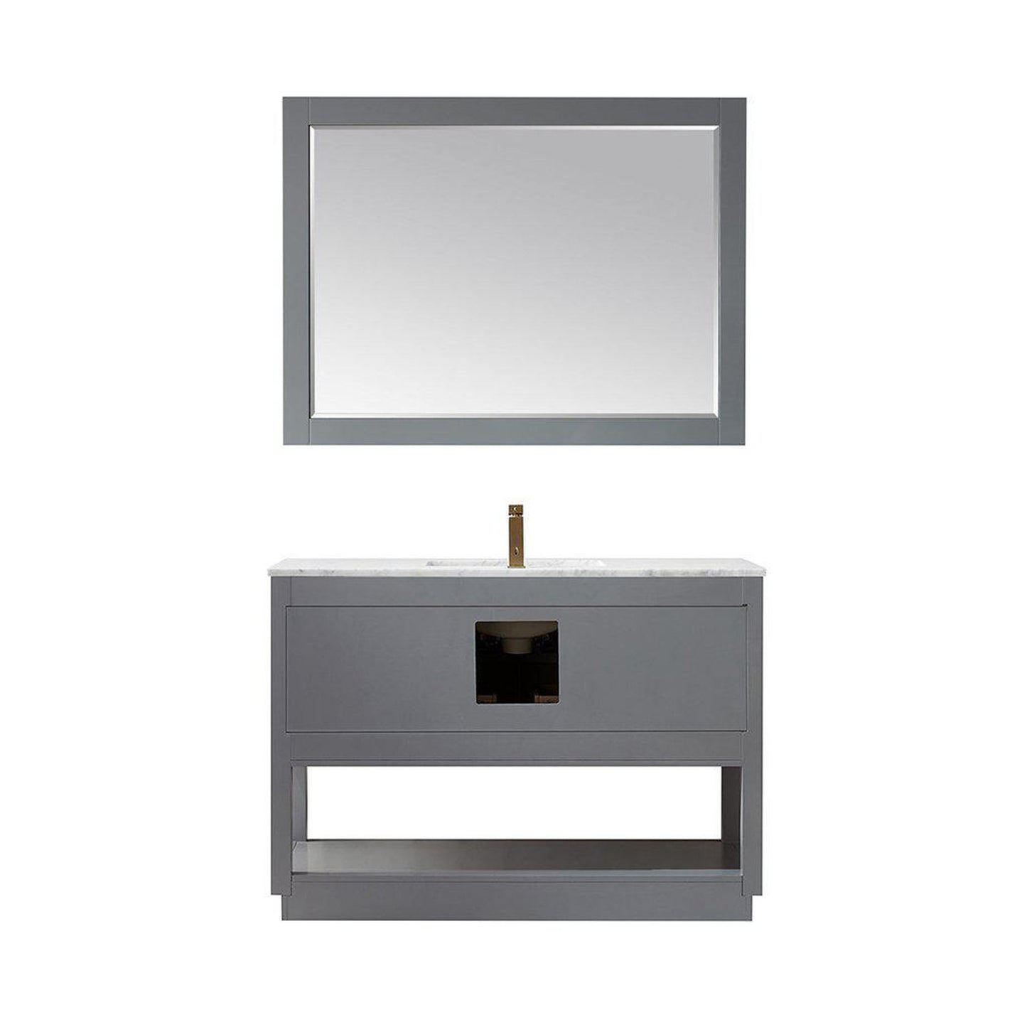 Altair Remi 48" Single Gray Freestanding Bathroom Vanity Set With Mirror, Natural Carrara White Marble Top, Rectangular Undermount Ceramic Sink, and Overflow