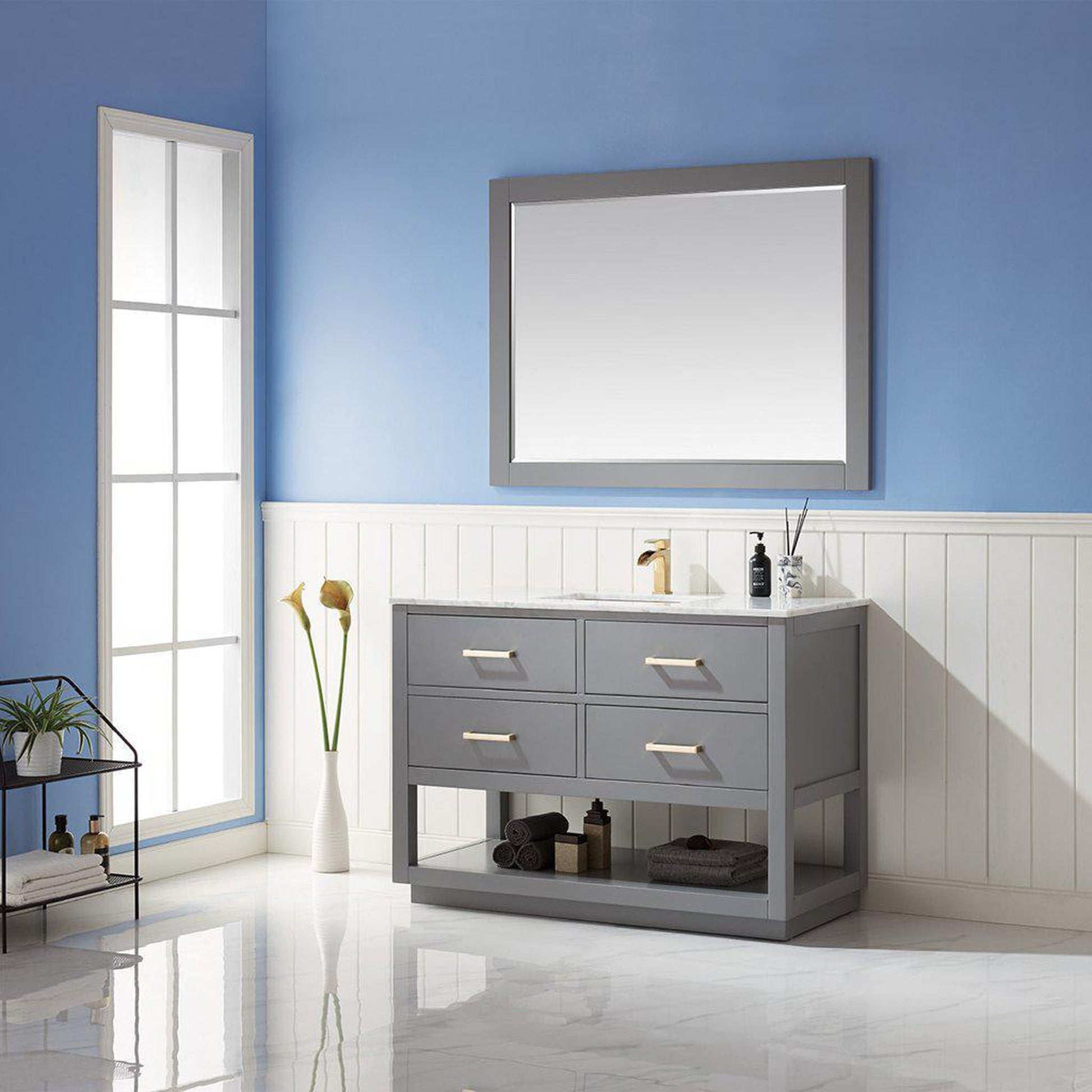 Altair Remi 48" Single Gray Freestanding Bathroom Vanity Set With Mirror, Natural Carrara White Marble Top, Rectangular Undermount Ceramic Sink, and Overflow