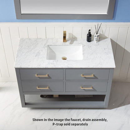 Altair Remi 48" Single Gray Freestanding Bathroom Vanity Set With Mirror, Natural Carrara White Marble Top, Rectangular Undermount Ceramic Sink, and Overflow