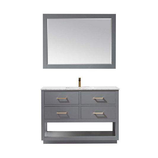 Altair Remi 48" Single Gray Freestanding Bathroom Vanity Set With Mirror, Natural Carrara White Marble Top, Rectangular Undermount Ceramic Sink, and Overflow