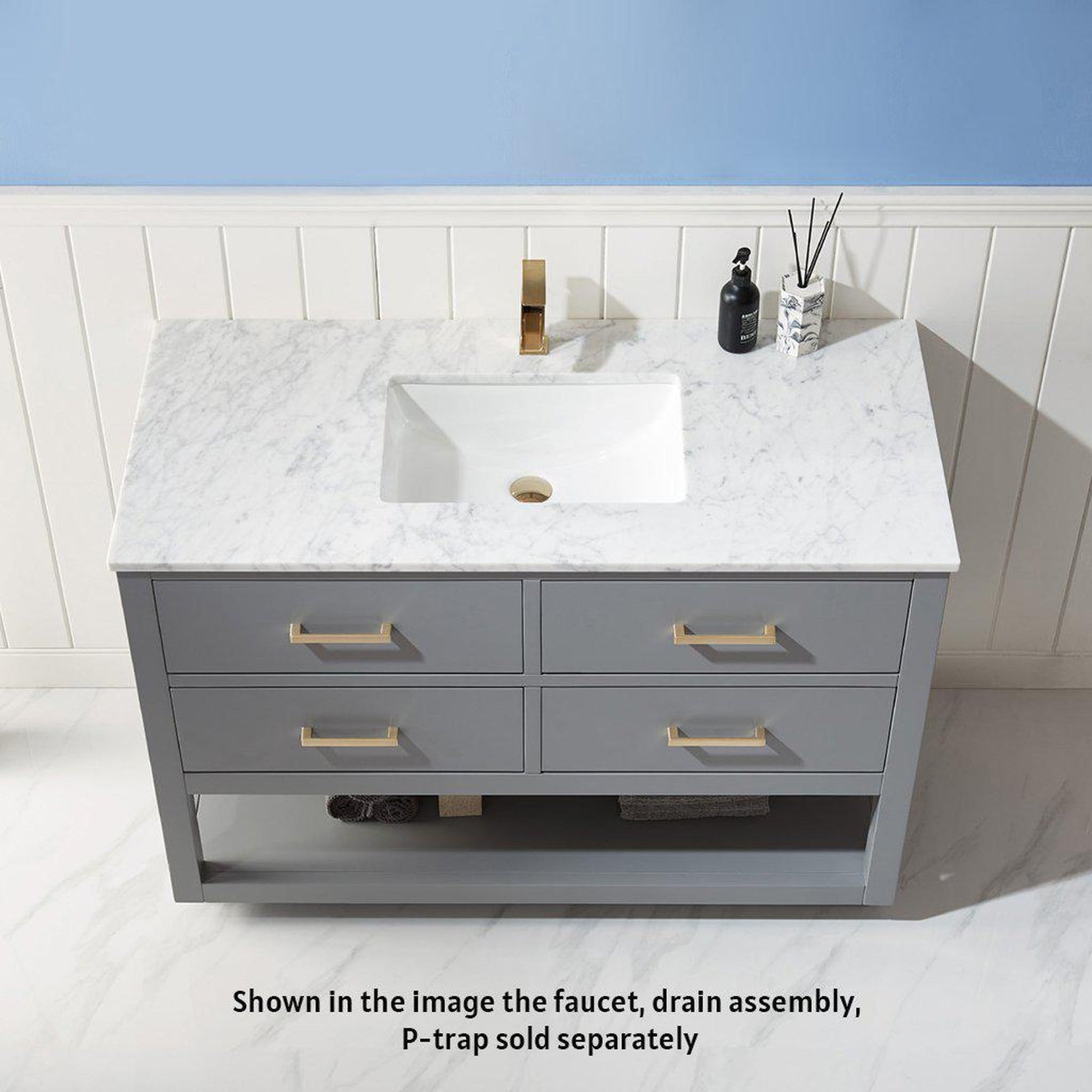 Altair Remi 48" Single Gray Freestanding Bathroom Vanity Set With Natural Carrara White Marble Top, Rectangular Undermount Ceramic Sink, and Overflow