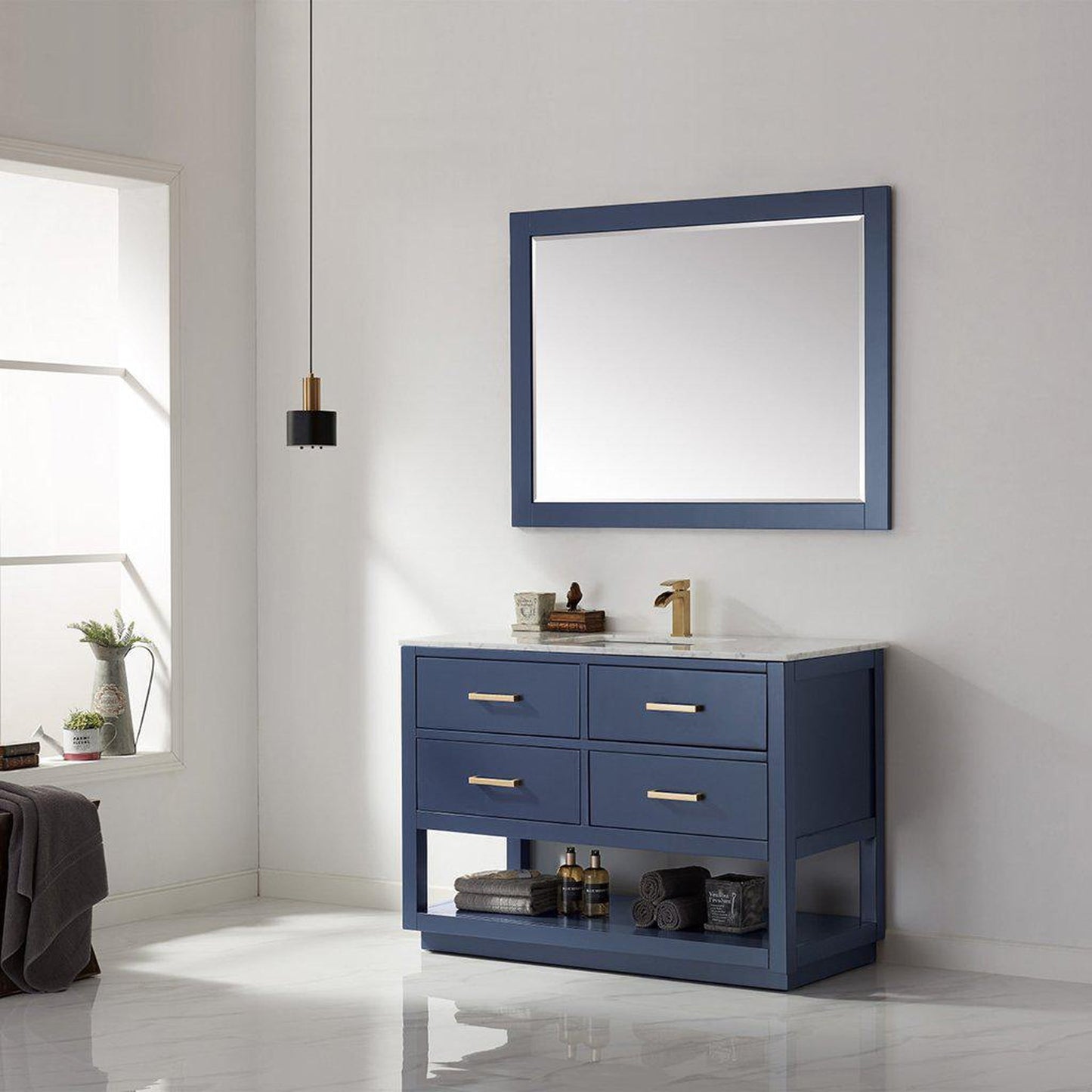 Altair Remi 48" Single Royal Blue Freestanding Bathroom Vanity Set With Mirror, Natural Carrara White Marble Top, Rectangular Undermount Ceramic Sink, and Overflow