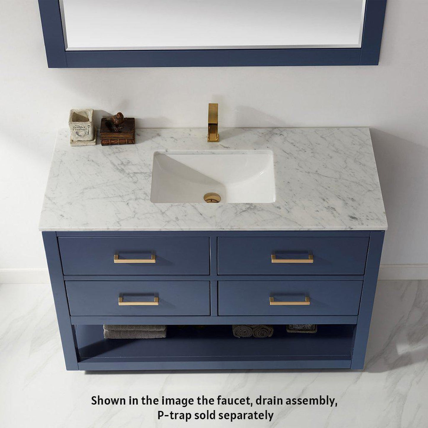 Altair Remi 48" Single Royal Blue Freestanding Bathroom Vanity Set With Mirror, Natural Carrara White Marble Top, Rectangular Undermount Ceramic Sink, and Overflow