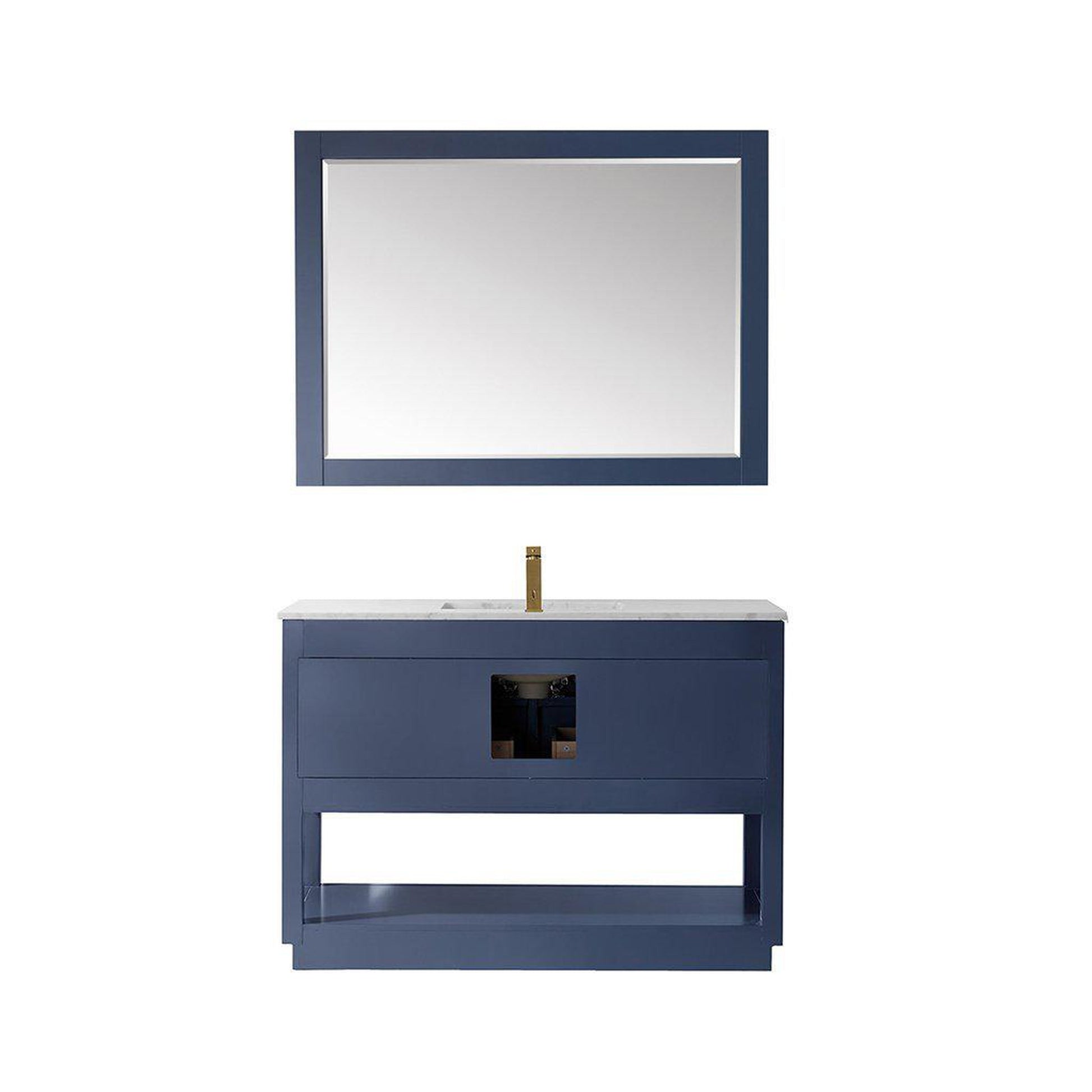 Altair Remi 48" Single Royal Blue Freestanding Bathroom Vanity Set With Mirror, Natural Carrara White Marble Top, Rectangular Undermount Ceramic Sink, and Overflow