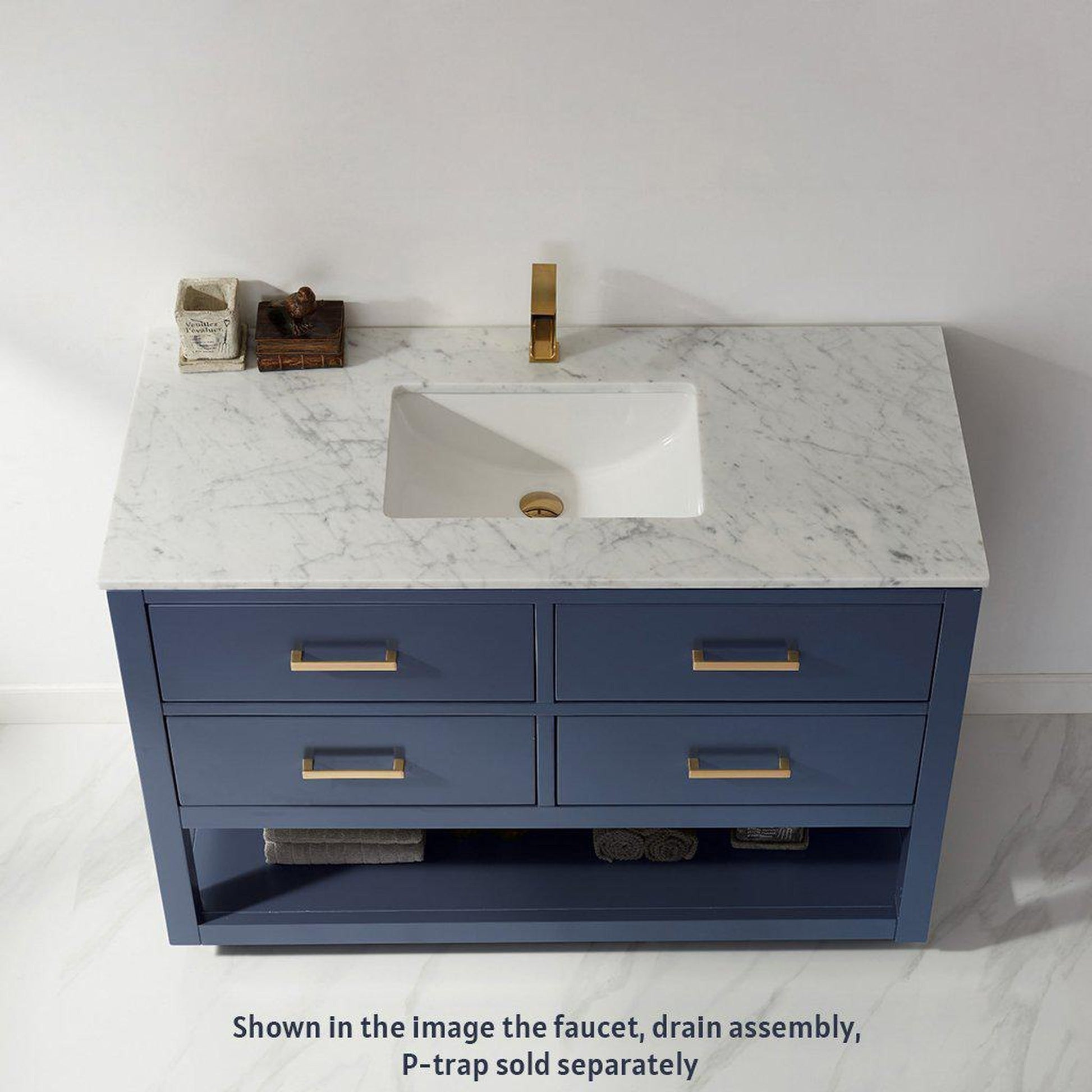 Altair Remi 48" Single Royal Blue Freestanding Bathroom Vanity Set With Natural Carrara White Marble Top, Rectangular Undermount Ceramic Sink, and Overflow
