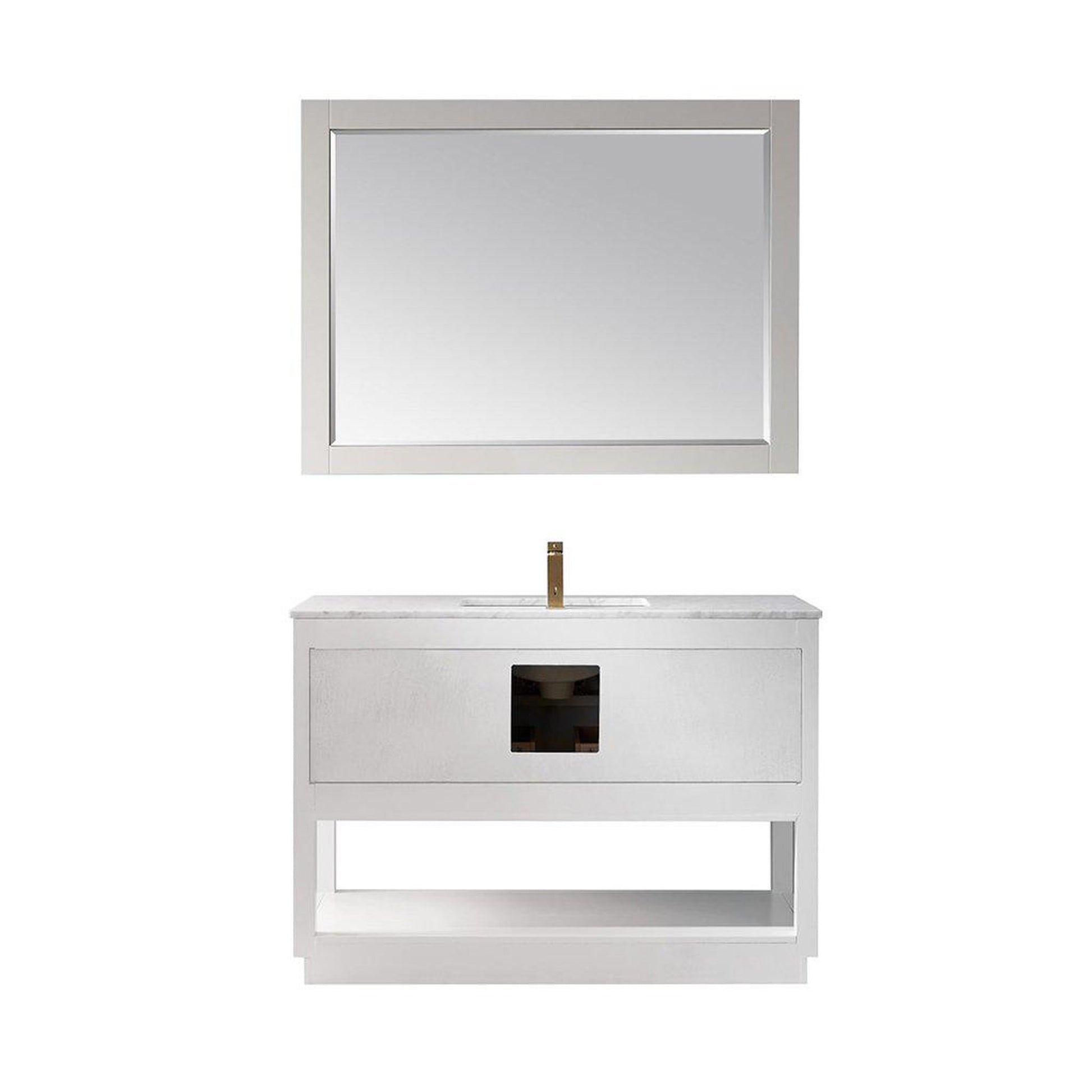 Altair Remi 48" Single White Freestanding Bathroom Vanity Set With Mirror, Natural Carrara White Marble Top, Rectangular Undermount Ceramic Sink, and Overflow