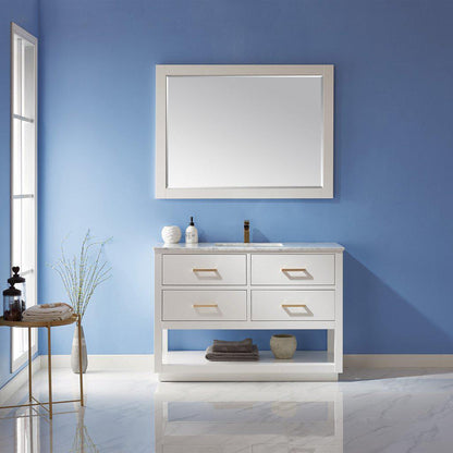 Altair Remi 48" Single White Freestanding Bathroom Vanity Set With Mirror, Natural Carrara White Marble Top, Rectangular Undermount Ceramic Sink, and Overflow