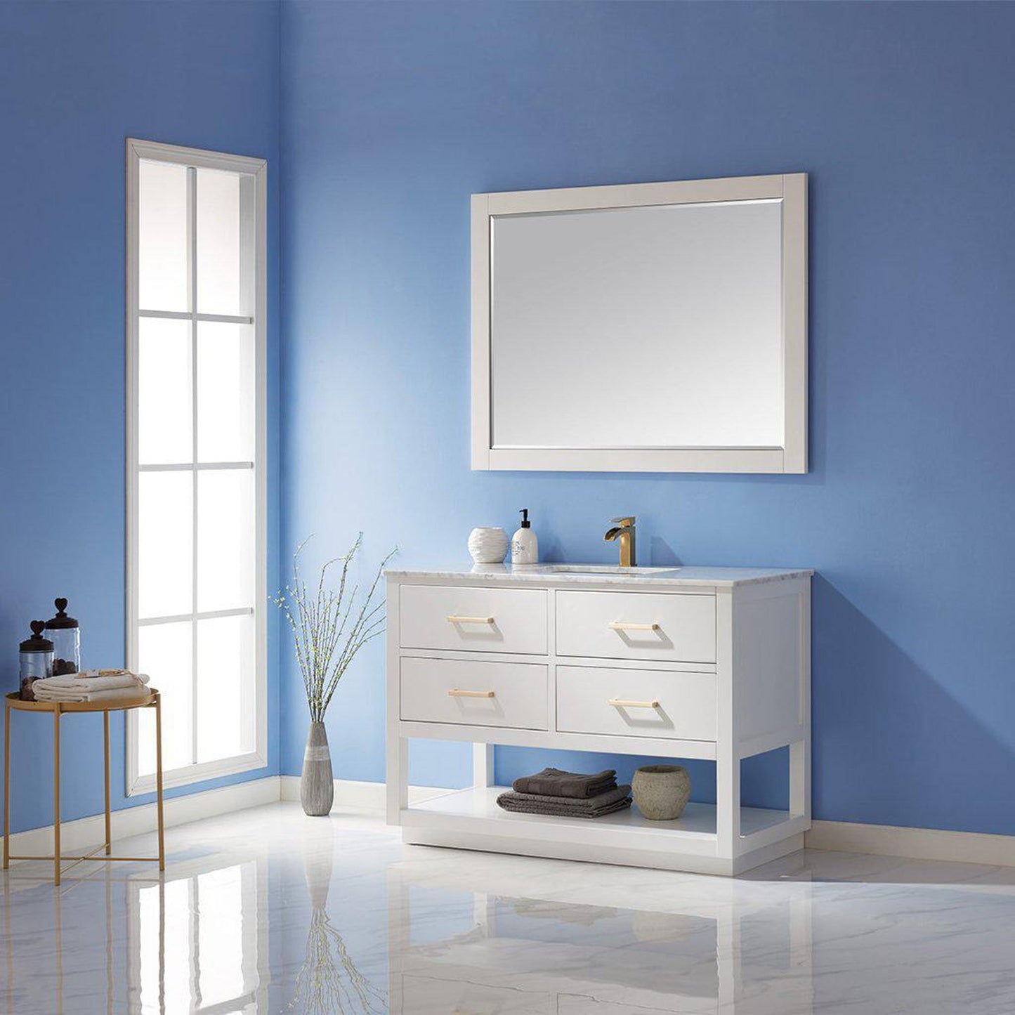 Altair Remi 48" Single White Freestanding Bathroom Vanity Set With Mirror, Natural Carrara White Marble Top, Rectangular Undermount Ceramic Sink, and Overflow