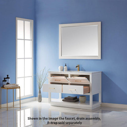 Altair Remi 48" Single White Freestanding Bathroom Vanity Set With Mirror, Natural Carrara White Marble Top, Rectangular Undermount Ceramic Sink, and Overflow