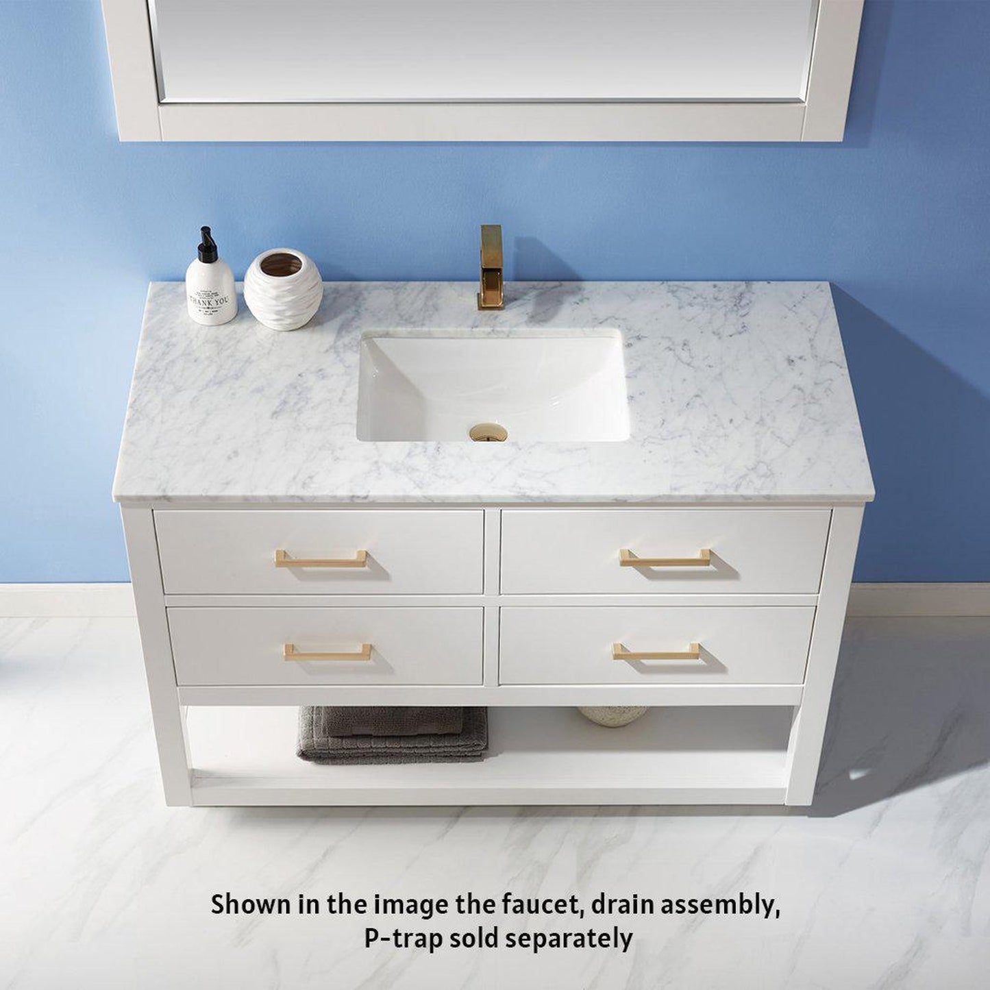Altair Remi 48" Single White Freestanding Bathroom Vanity Set With Mirror, Natural Carrara White Marble Top, Rectangular Undermount Ceramic Sink, and Overflow