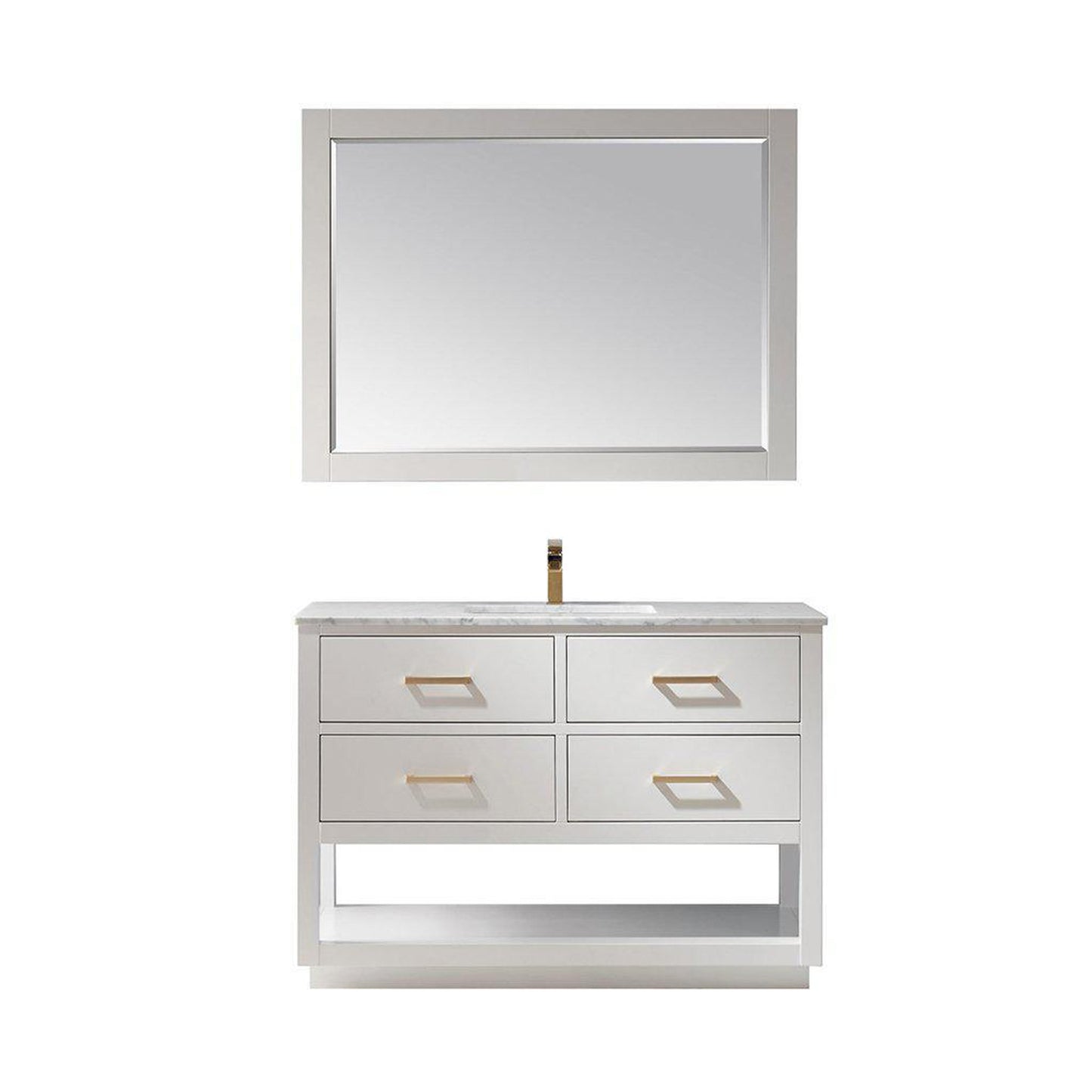 Altair Remi 48" Single White Freestanding Bathroom Vanity Set With Mirror, Natural Carrara White Marble Top, Rectangular Undermount Ceramic Sink, and Overflow