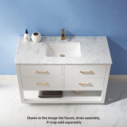 Altair Remi 48" Single White Freestanding Bathroom Vanity Set With Natural Carrara White Marble Top, Rectangular Undermount Ceramic Sink, and Overflow