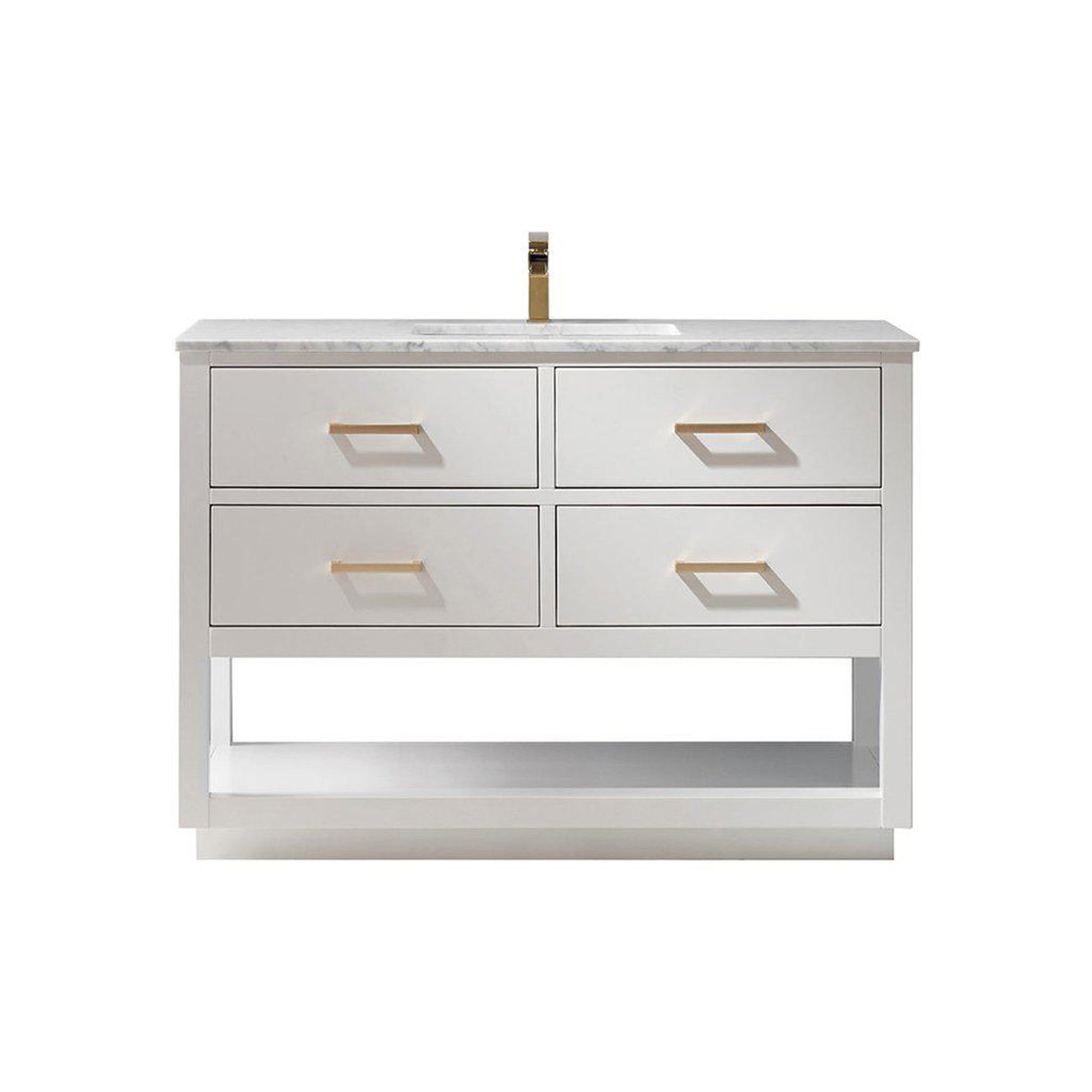 Altair Remi 48" Single White Freestanding Bathroom Vanity Set With Natural Carrara White Marble Top, Rectangular Undermount Ceramic Sink, and Overflow