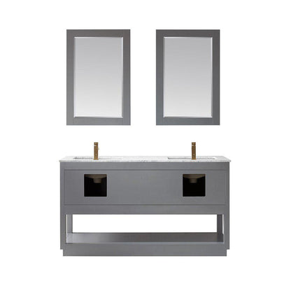 Altair Remi 60" Double Gray Freestanding Bathroom Vanity Set With Mirror, Natural Carrara White Marble Top, Two Rectangular Undermount Ceramic Sinks, and Overflow