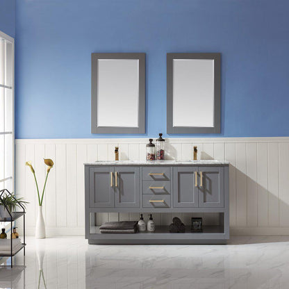 Altair Remi 60" Double Gray Freestanding Bathroom Vanity Set With Mirror, Natural Carrara White Marble Top, Two Rectangular Undermount Ceramic Sinks, and Overflow
