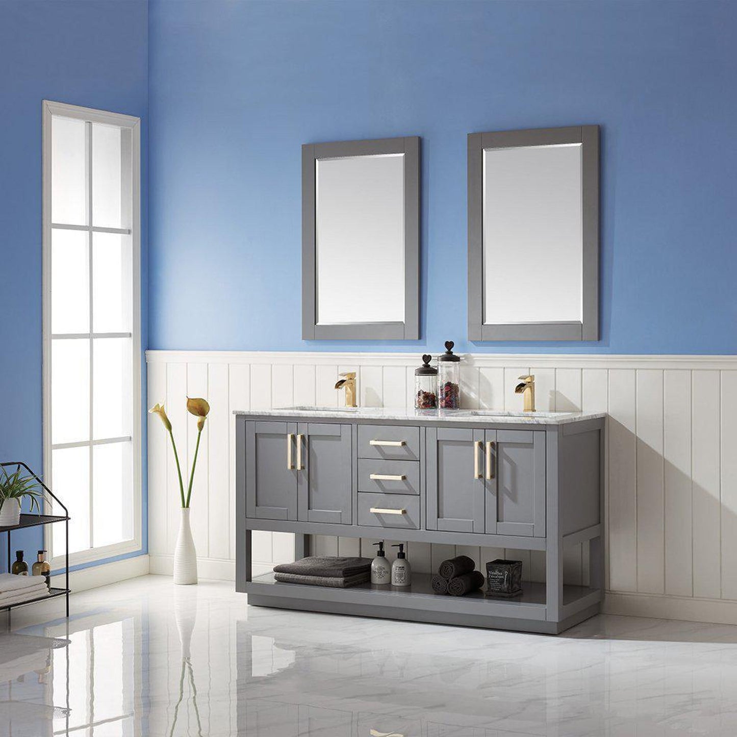 Altair Remi 60" Double Gray Freestanding Bathroom Vanity Set With Mirror, Natural Carrara White Marble Top, Two Rectangular Undermount Ceramic Sinks, and Overflow