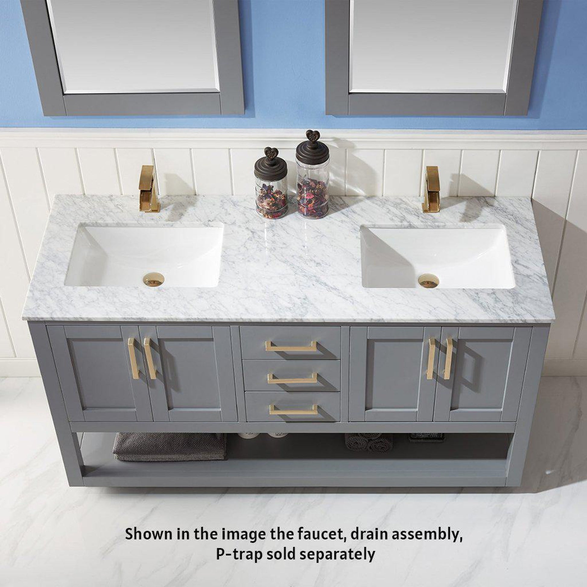 Altair Remi 60" Double Gray Freestanding Bathroom Vanity Set With Mirror, Natural Carrara White Marble Top, Two Rectangular Undermount Ceramic Sinks, and Overflow