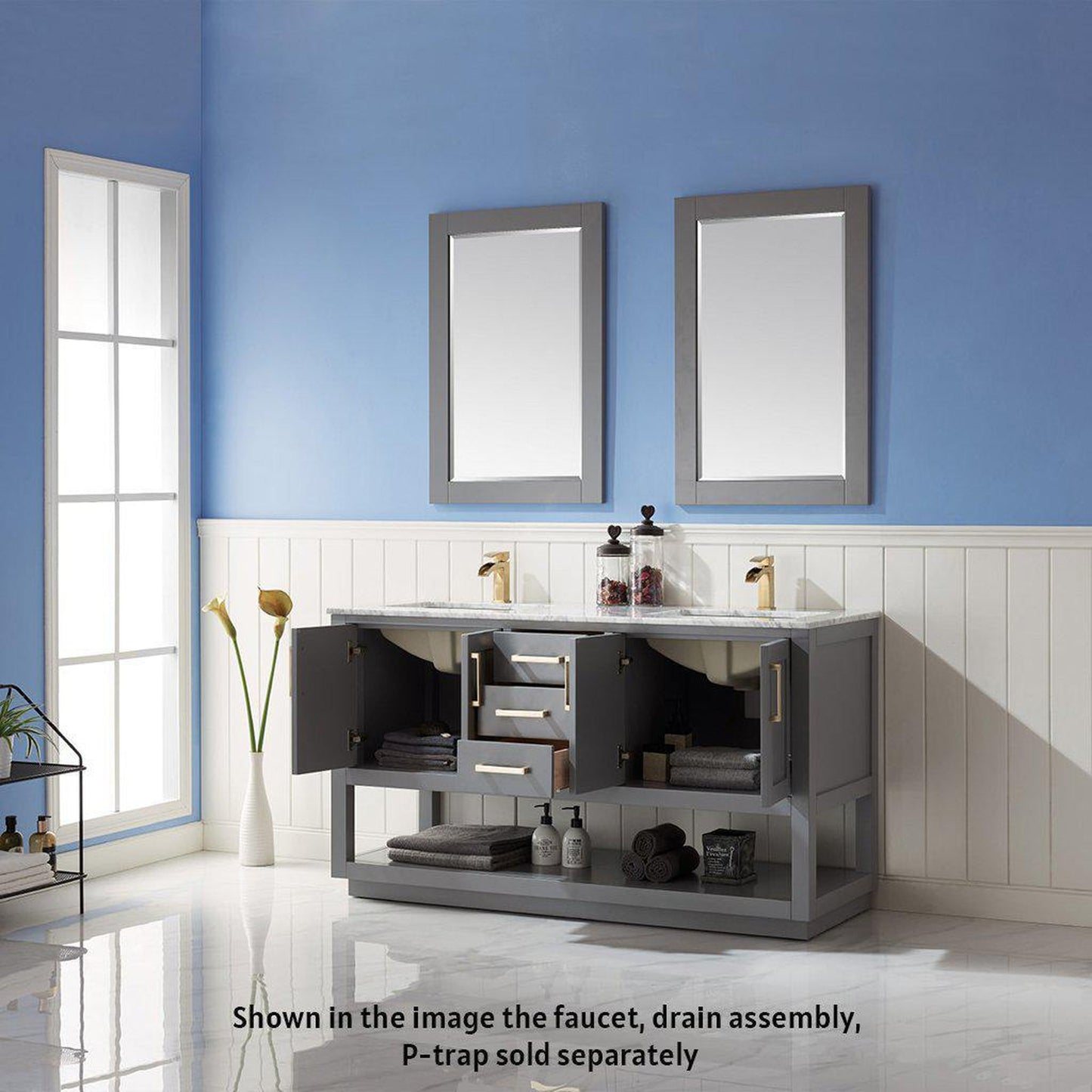 Altair Remi 60" Double Gray Freestanding Bathroom Vanity Set With Mirror, Natural Carrara White Marble Top, Two Rectangular Undermount Ceramic Sinks, and Overflow