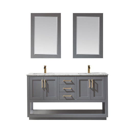 Altair Remi 60" Double Gray Freestanding Bathroom Vanity Set With Mirror, Natural Carrara White Marble Top, Two Rectangular Undermount Ceramic Sinks, and Overflow