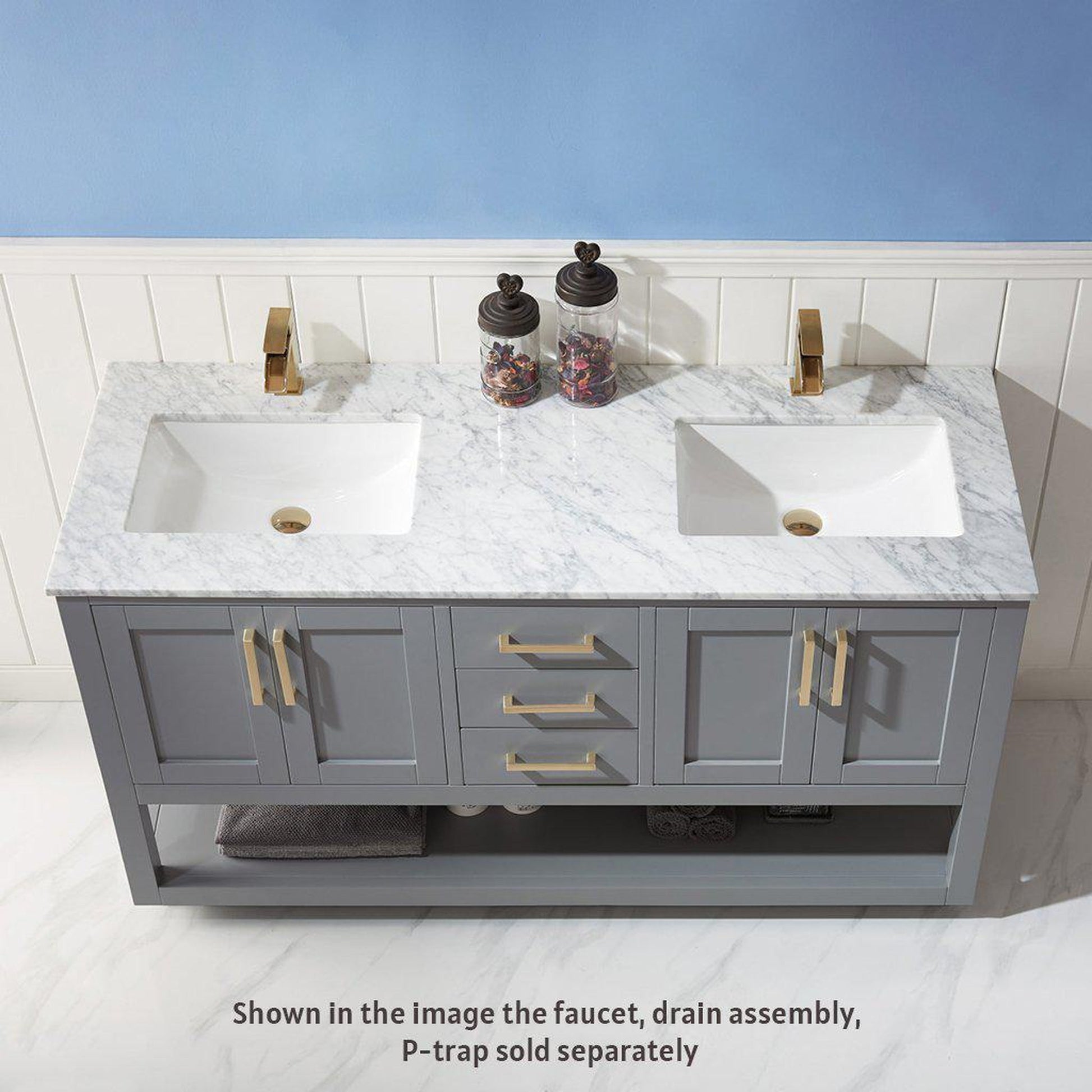 Altair Remi 60" Double Gray Freestanding Bathroom Vanity Set With Natural Carrara White Marble Top, Two Rectangular Undermount Ceramic Sinks, and Overflow