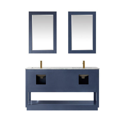 Altair Remi 60" Double Royal Blue Freestanding Bathroom Vanity Set With Mirror, Natural Carrara White Marble Top, Two Rectangular Undermount Ceramic Sinks, and Overflow