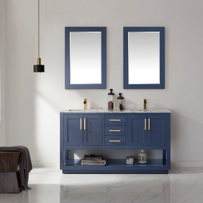 Altair Remi 60" Double Royal Blue Freestanding Bathroom Vanity Set With Mirror, Natural Carrara White Marble Top, Two Rectangular Undermount Ceramic Sinks, and Overflow