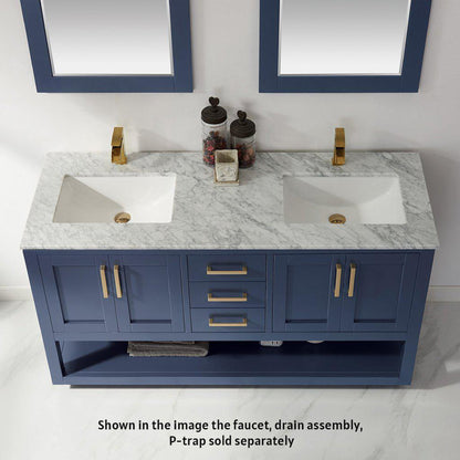 Altair Remi 60" Double Royal Blue Freestanding Bathroom Vanity Set With Mirror, Natural Carrara White Marble Top, Two Rectangular Undermount Ceramic Sinks, and Overflow