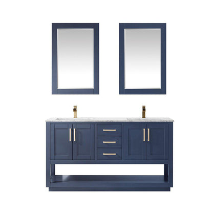 Altair Remi 60" Double Royal Blue Freestanding Bathroom Vanity Set With Mirror, Natural Carrara White Marble Top, Two Rectangular Undermount Ceramic Sinks, and Overflow