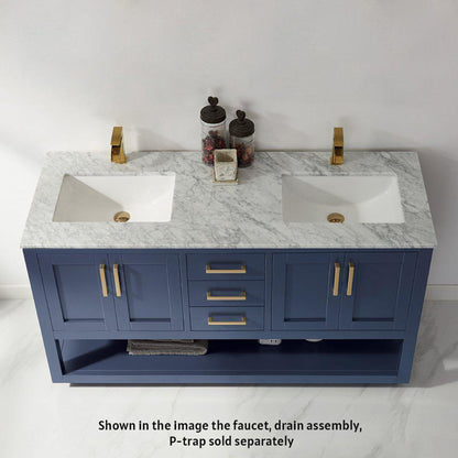 Altair Remi 60" Double Royal Blue Freestanding Bathroom Vanity Set With Natural Carrara White Marble Top, Two Rectangular Undermount Ceramic Sinks, and Overflow