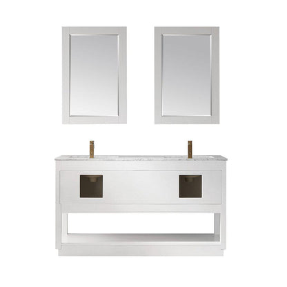 Altair Remi 60" Double White Freestanding Bathroom Vanity Set With Mirror, Natural Carrara White Marble Top, Two Rectangular Undermount Ceramic Sinks, and Overflow