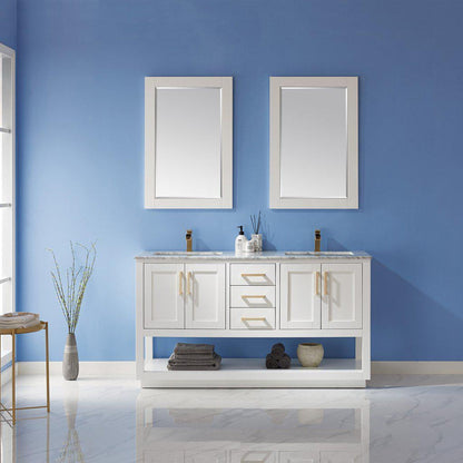 Altair Remi 60" Double White Freestanding Bathroom Vanity Set With Mirror, Natural Carrara White Marble Top, Two Rectangular Undermount Ceramic Sinks, and Overflow