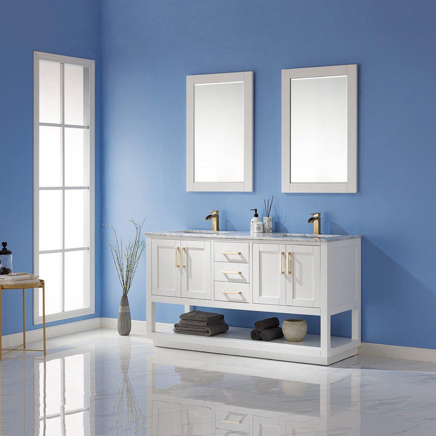 Altair Remi 60" Double White Freestanding Bathroom Vanity Set With Mirror, Natural Carrara White Marble Top, Two Rectangular Undermount Ceramic Sinks, and Overflow