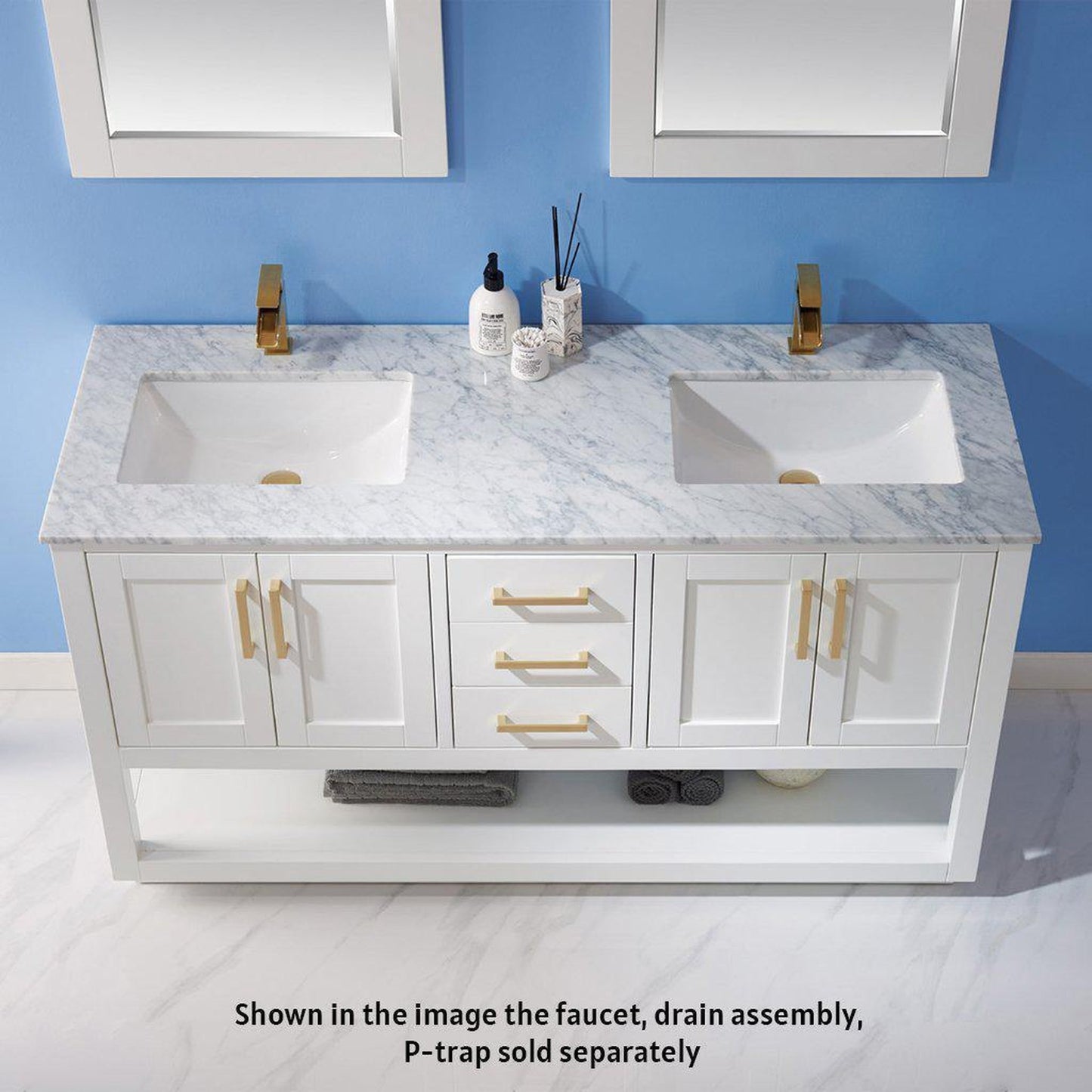 Altair Remi 60" Double White Freestanding Bathroom Vanity Set With Mirror, Natural Carrara White Marble Top, Two Rectangular Undermount Ceramic Sinks, and Overflow