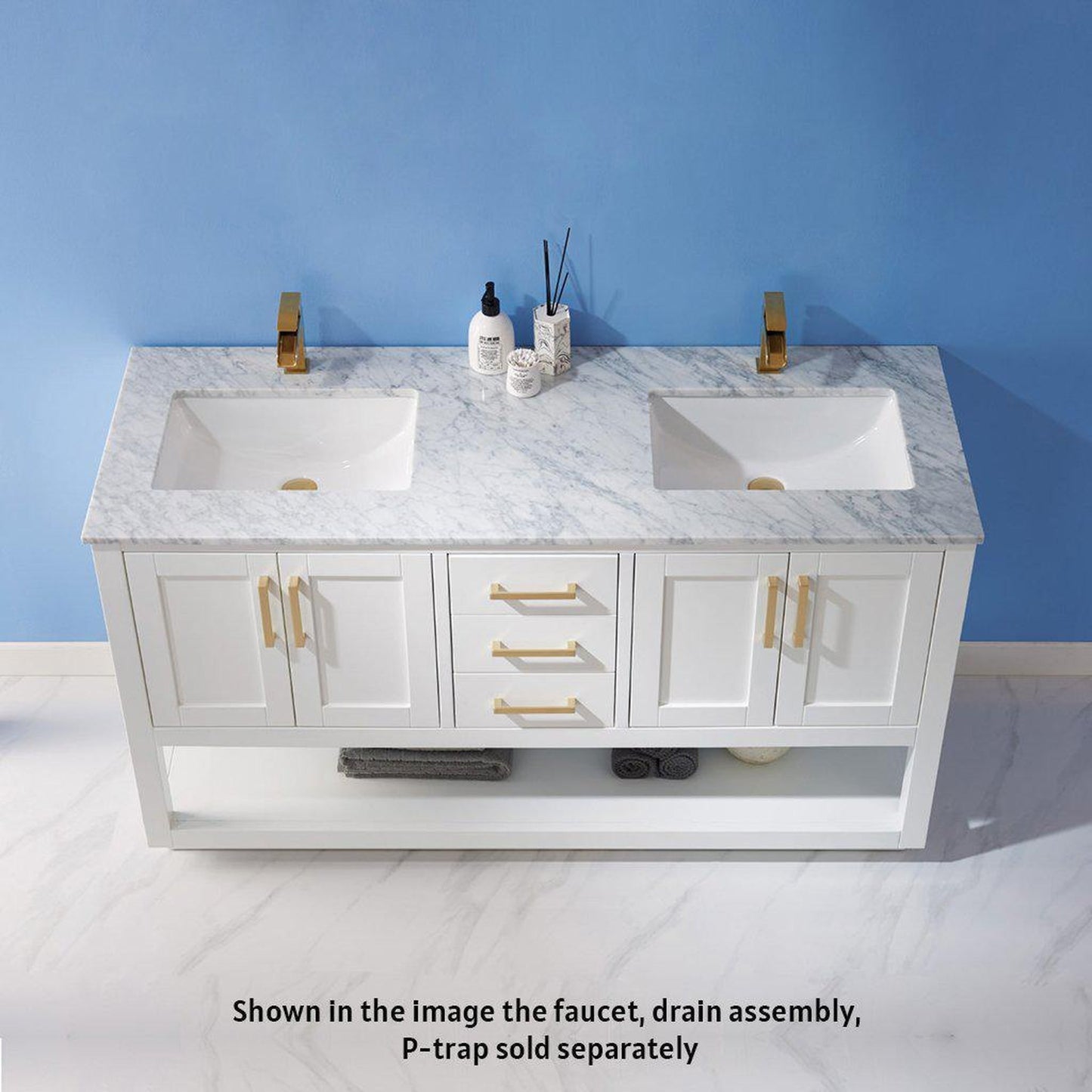 Altair Remi 60" Double White Freestanding Bathroom Vanity Set With Natural Carrara White Marble Top, Two Rectangular Undermount Ceramic Sinks, and Overflow