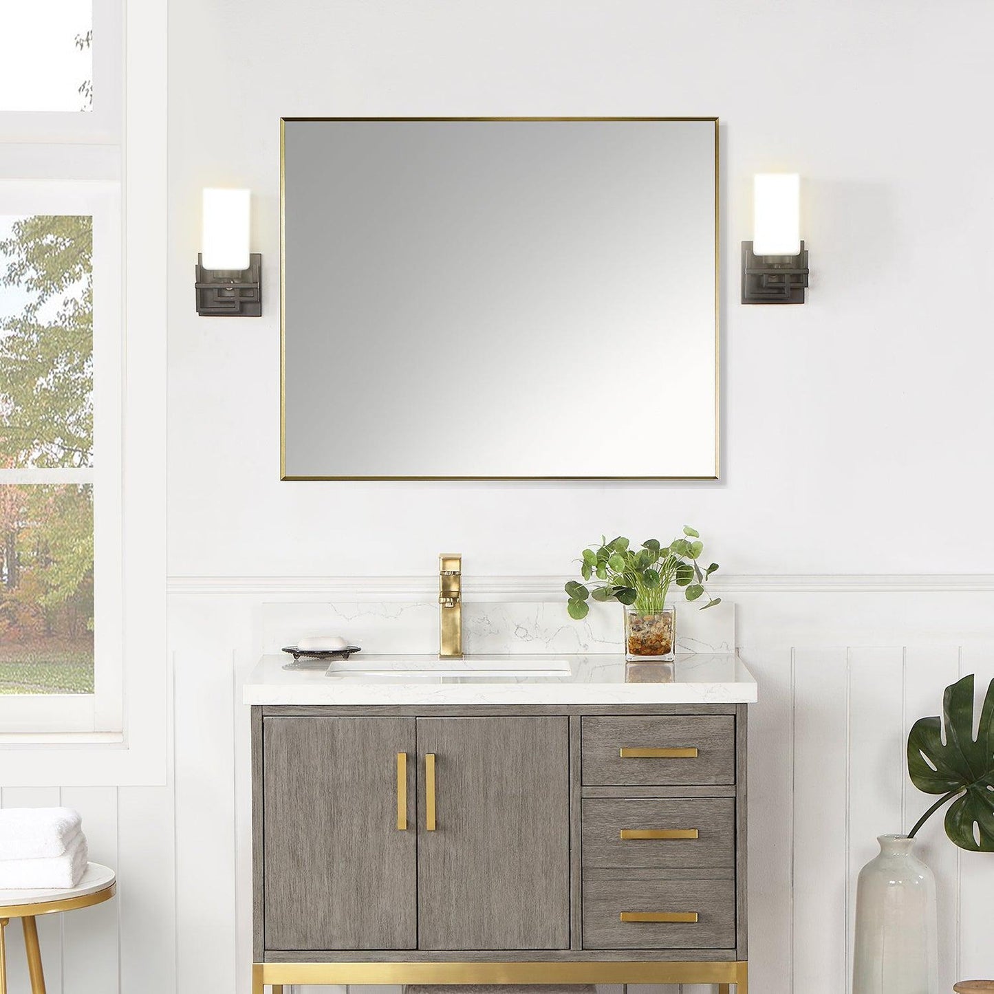 Altair Sassi 36" x 30" Rectangle Brushed Gold Aluminum Framed Wall-Mounted Mirror