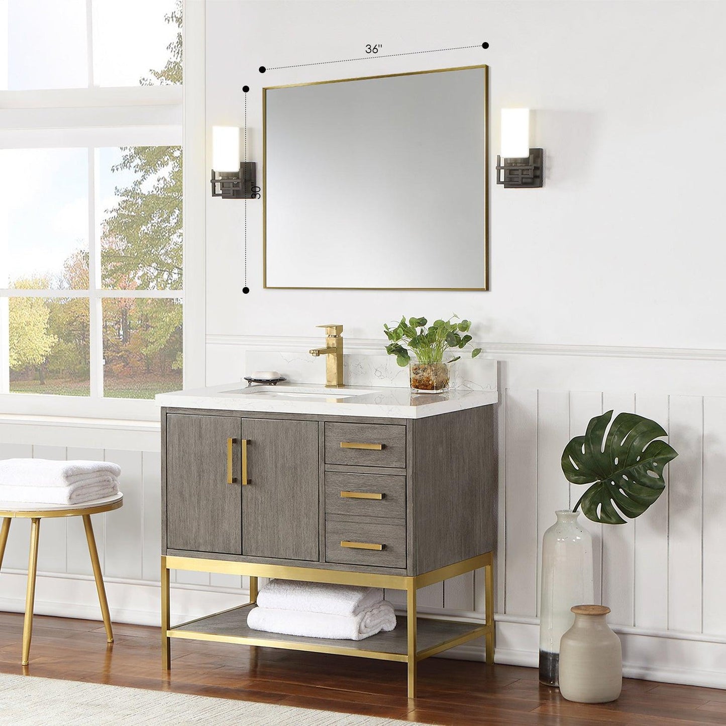 Altair Sassi 36" x 30" Rectangle Brushed Gold Aluminum Framed Wall-Mounted Mirror