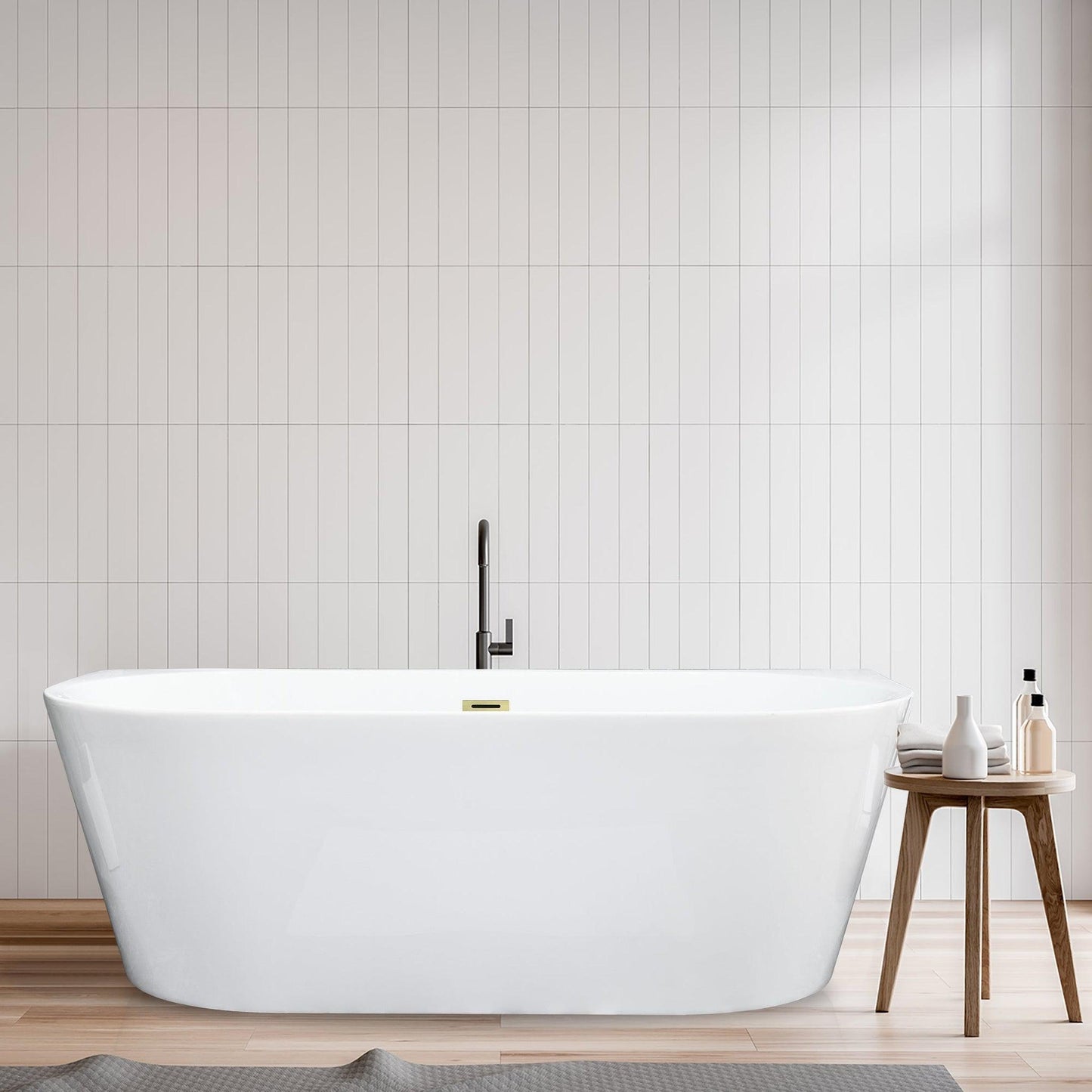 Altair Satchi 67" x 32" White Acrylic Freestanding Bathtub With Brushed Gold Drain and Overflow