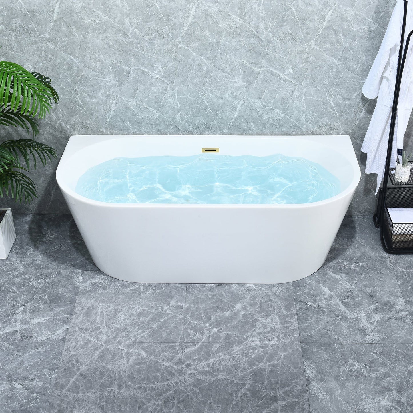 Altair Satchi 67" x 32" White Acrylic Freestanding Bathtub With Brushed Gold Drain and Overflow