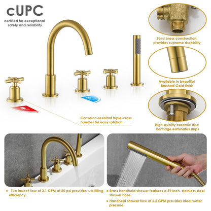 Altair Sorlia Brushed Gold Cross Handles Deck-mounted Bathtub Faucet With Handshower