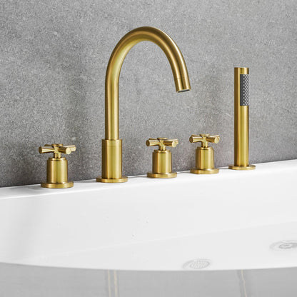 Altair Sorlia Brushed Gold Cross Handles Deck-mounted Bathtub Faucet With Handshower