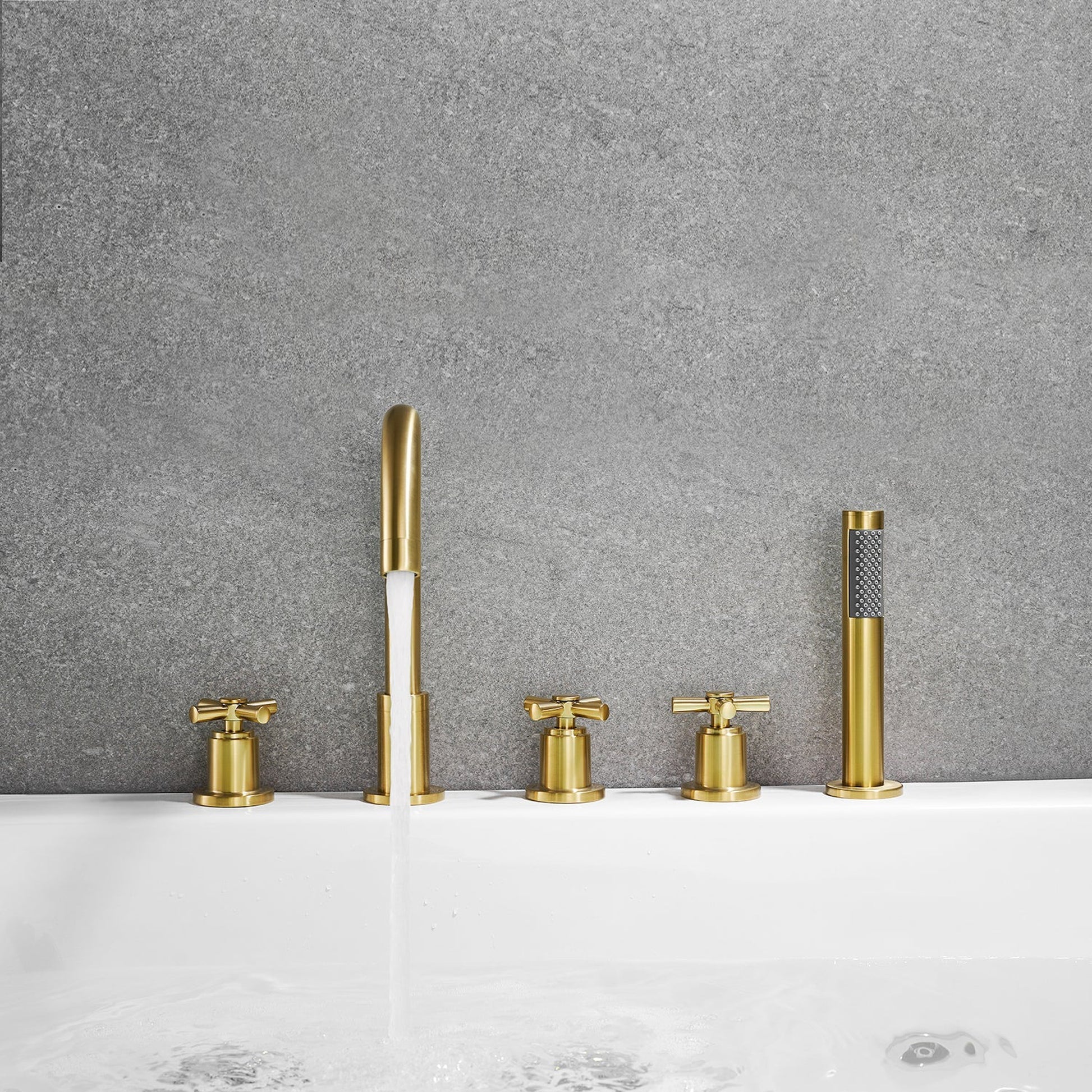 Altair Sorlia Brushed Gold Cross Handles Deck-mounted Bathtub Faucet With Handshower