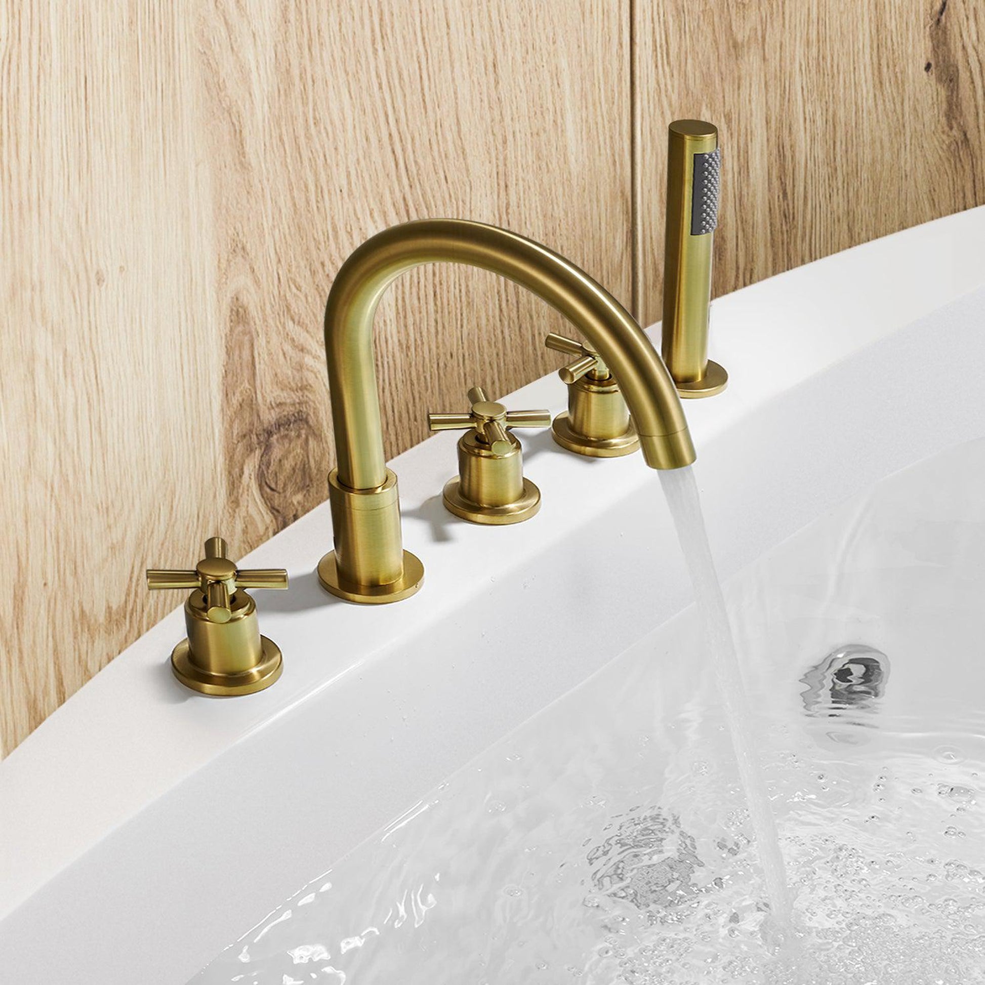 Altair Sorlia Brushed Gold Cross Handles Deck-mounted Bathtub Faucet With Handshower